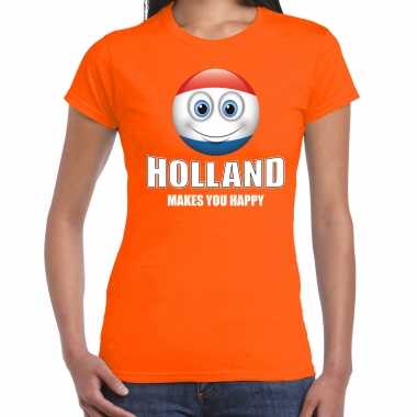 Holland makes you happy landen t shirt nederland oranje voor dames met emoticon