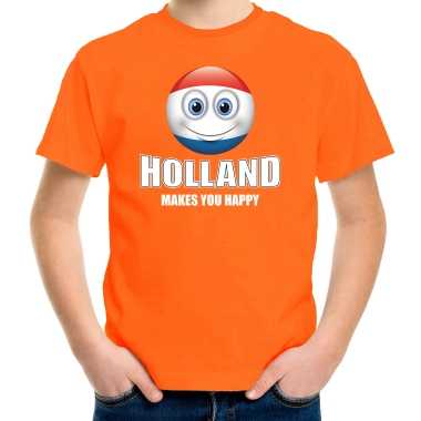 Holland makes you happy landen t shirt nederland oranje voor kinderen met emoticon