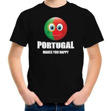Portugal makes you happy landen t shirt zwart voor kinderen met emoticon