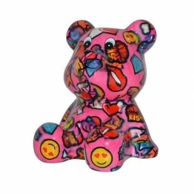 Spaarpot beer roze met met lippen en emoticon16 cm