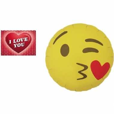 Valentijn folie ballon kusje emoticon 46 cm met valentijnskaart