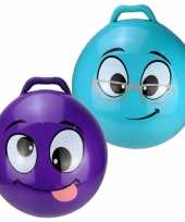 2x stuks skippyballen emoticon voor kinderen paars blauw 45 cm