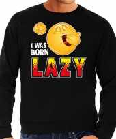 Funny emoticon sweater i was born lazy zwart heren